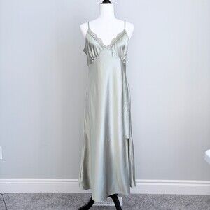 Alcea Rosea Slip Dress Satin Lace V-Neck Maxi Side Slits Sage Green Size Medium